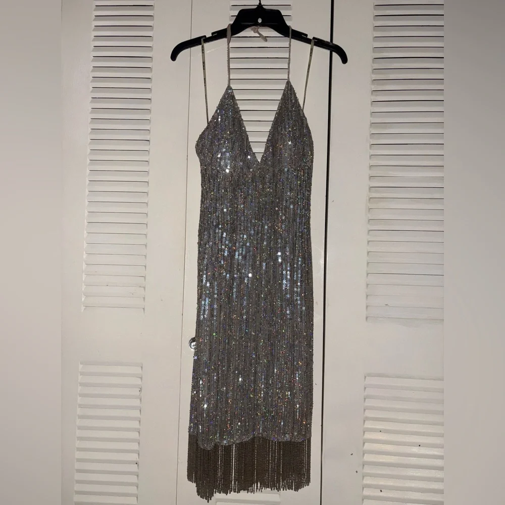 SCALA Y2K Silver Sequin halter Dress - Picture 3 of 12